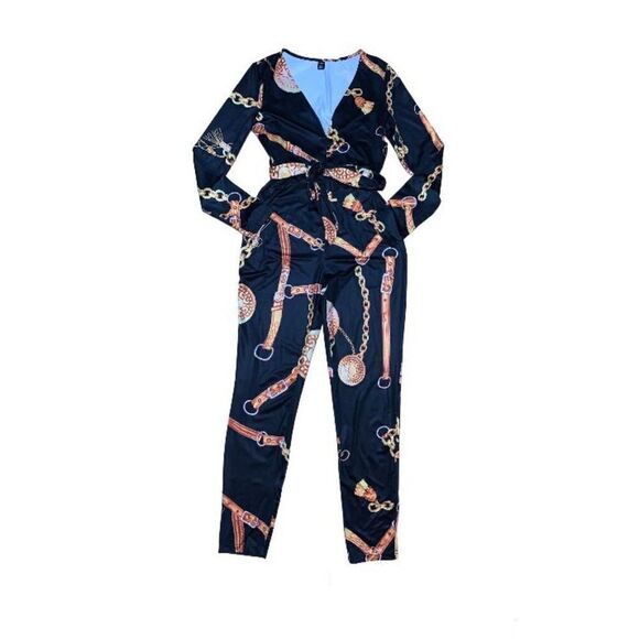 SHEIN Tall Chain Print Belted Skinny Jumpsuit - Picture 3 of 7